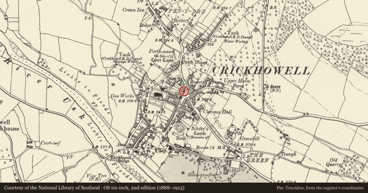 Ordnance Survey six-inch map, 2nd edition (1888–1913) covering the location of Philip's Hair Studio, Crickhowell, Powys, with a pin at the register's coordinates