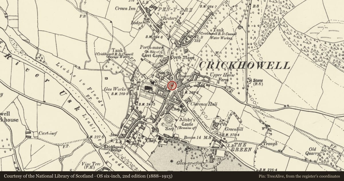 Ordnance Survey six-inch map, 2nd edition (1888–1913) covering the location of Crickhowell Bakery, Powys, with a pin at the register's coordinates