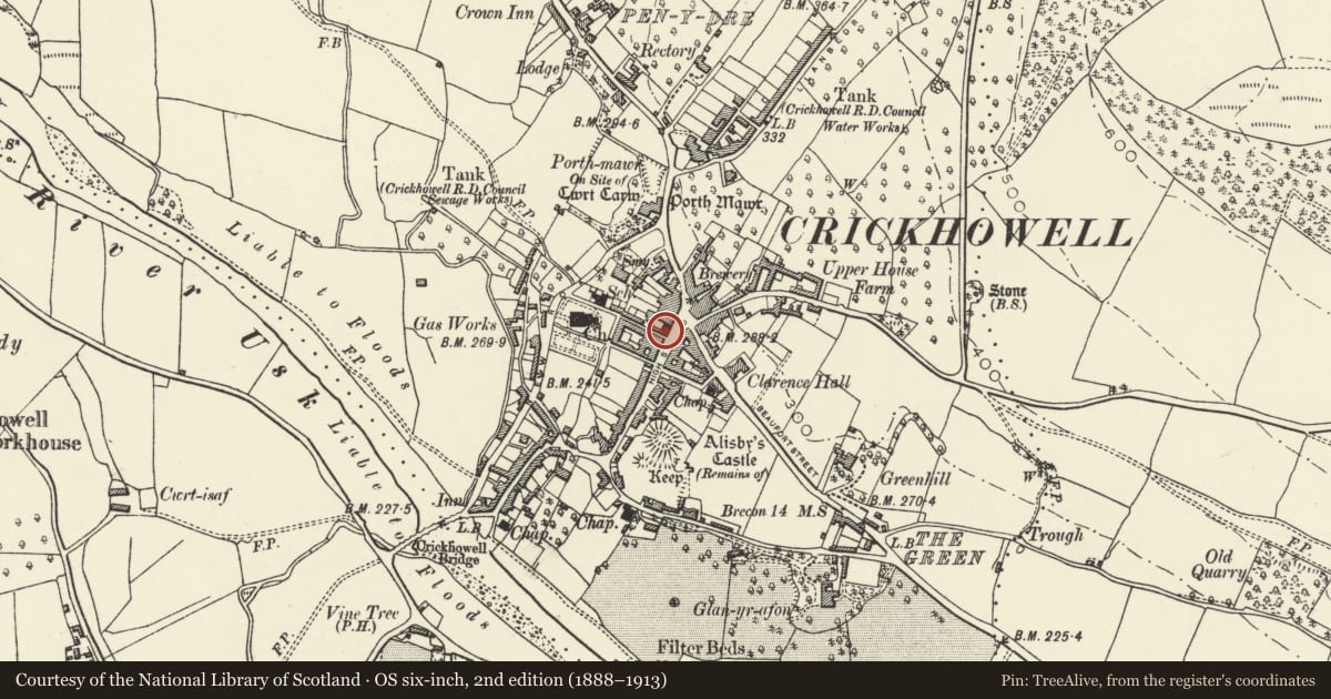 Ordnance Survey six-inch map, 2nd edition (1888–1913) covering the location of Cheese Press, Crickhowell, Powys, with a pin at the register's coordinates