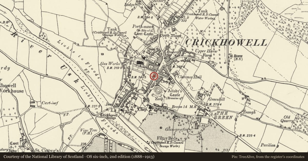 Ordnance Survey six-inch map, 2nd edition (1888–1913) covering the location of Latham House, Crickhowell, Powys, with a pin at the register's coordinates