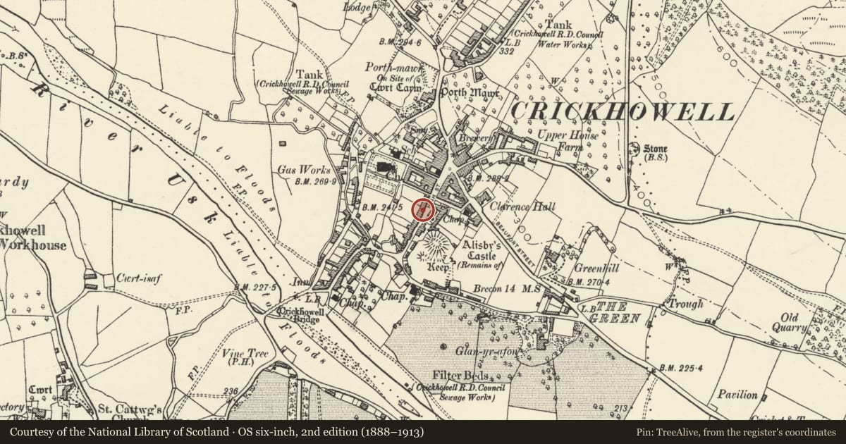 Ordnance Survey six-inch map, 2nd edition (1888–1913) covering the location of Including Carlton Guest House & S.M Sports & Leisure, Crickhowell, Powys, with a pin at the register's coordinates