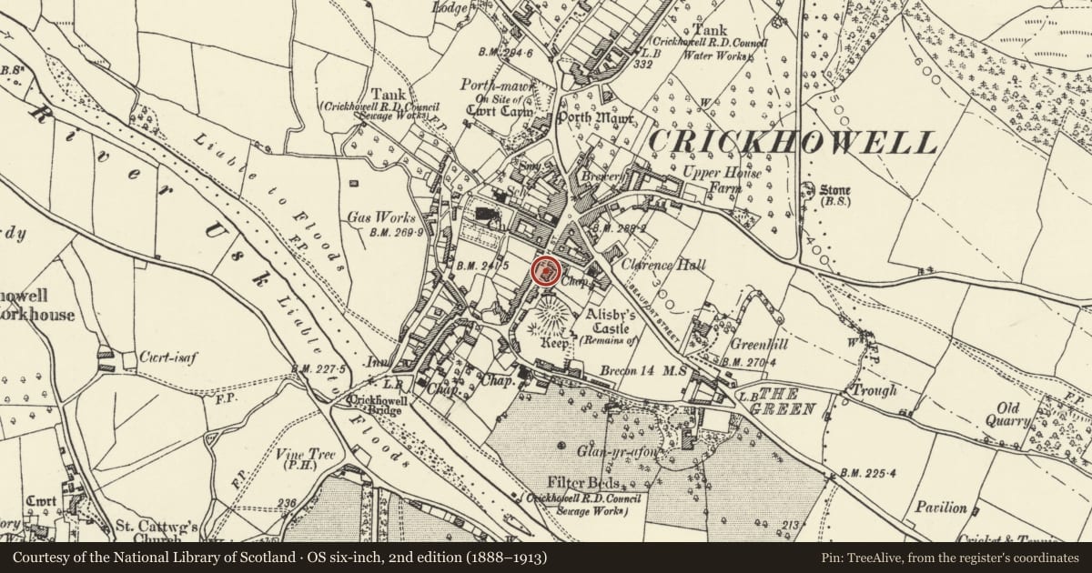 Ordnance Survey six-inch map, 2nd edition (1888–1913) covering the location of The Dragon Hotel, Crickhowell, Powys, with a pin at the register's coordinates