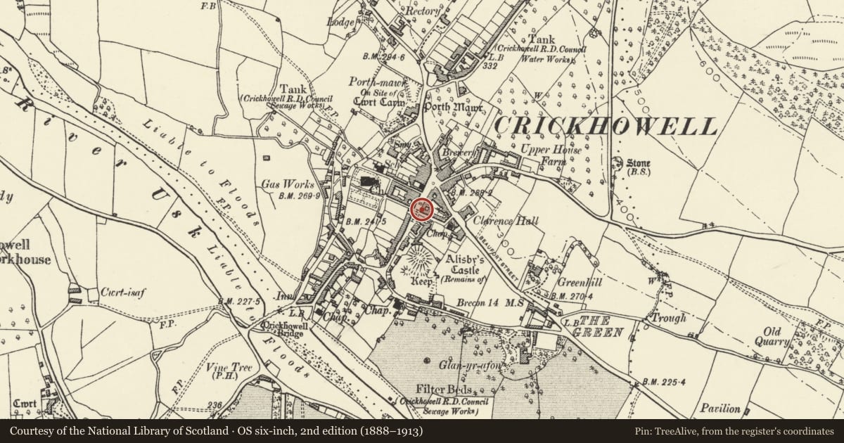Ordnance Survey six-inch map, 2nd edition (1888–1913) covering the location of Dairy Shop, Crickhowell, Powys, with a pin at the register's coordinates