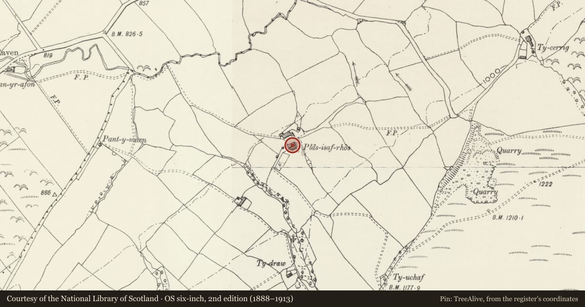 Ordnance Survey six-inch map, 2nd edition (1888–1913) covering the location of Ty-isaf-rhos (aka Plas-yn-rhos), Bryneglwys, Denbighshire, with a pin at the register's coordinates