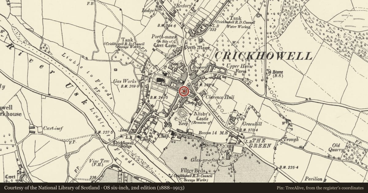 Ordnance Survey six-inch map, 2nd edition (1888–1913) covering the location of Lloyd's Bank, Crickhowell, Powys, with a pin at the register's coordinates