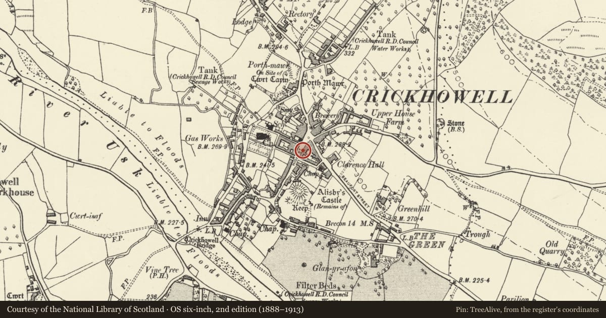 Ordnance Survey six-inch map, 2nd edition (1888–1913) covering the location of Jubilee House (D.E.Collett), Crickhowell, Powys, with a pin at the register's coordinates