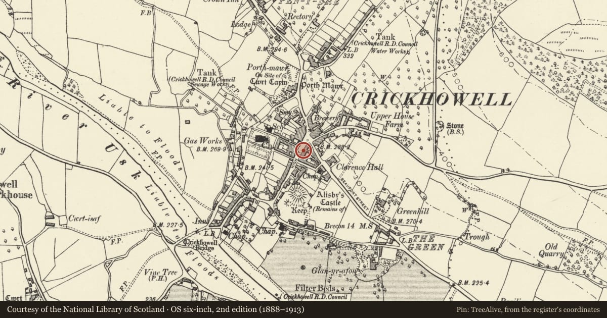 Ordnance Survey six-inch map, 2nd edition (1888–1913) covering the location of Jubliee House (M.T.Cashell, Family Butcher), Crickhowell, Powys, with a pin at the register's coordinates