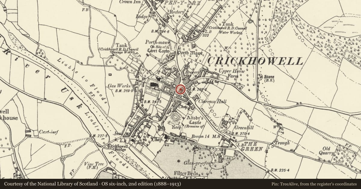 Ordnance Survey six-inch map, 2nd edition (1888–1913) covering the location of Corn Exchange PH, Crickhowell, Powys, with a pin at the register's coordinates