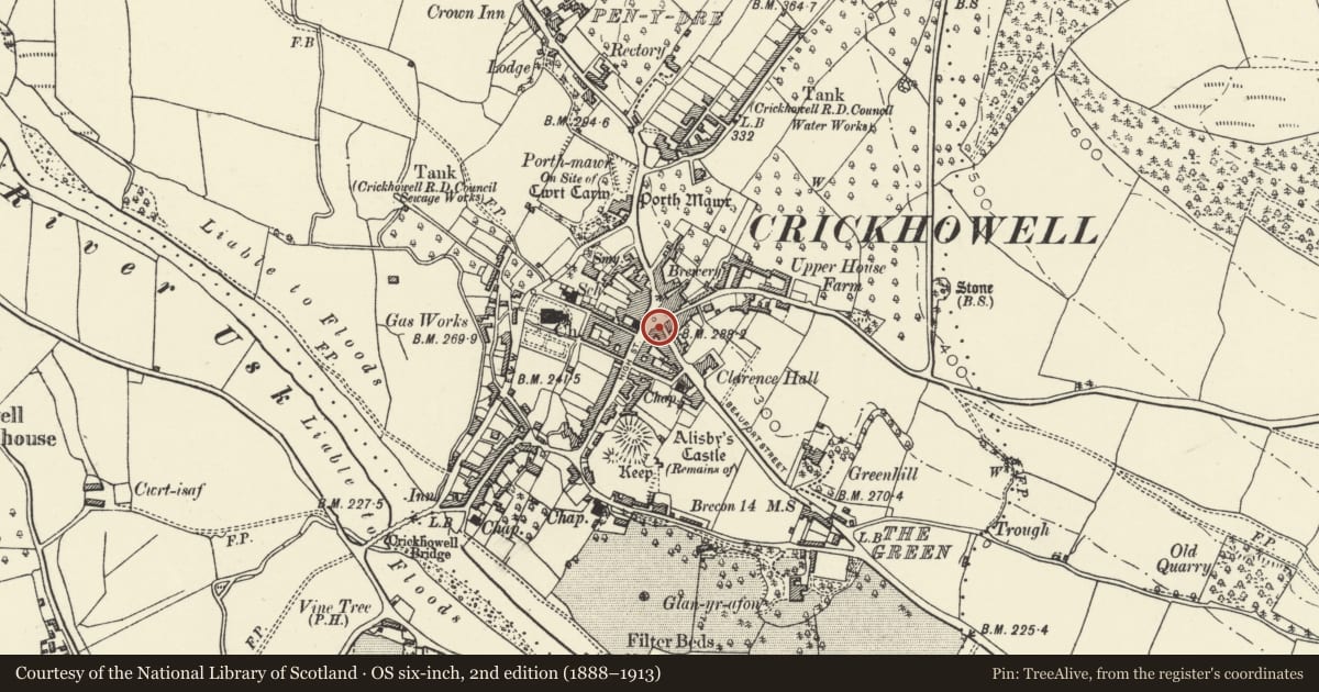 Ordnance Survey six-inch map, 2nd edition (1888–1913) covering the location of F.E.Richards, Butcher & Floriana (above), Crickhowell, Powys, with a pin at the register's coordinates