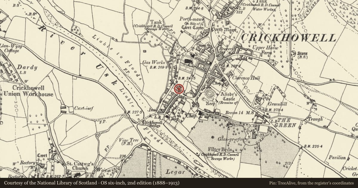 Ordnance Survey six-inch map, 2nd edition (1888–1913) covering the location of 3 Lamb Lane, Crickhowell, Powys, with a pin at the register's coordinates