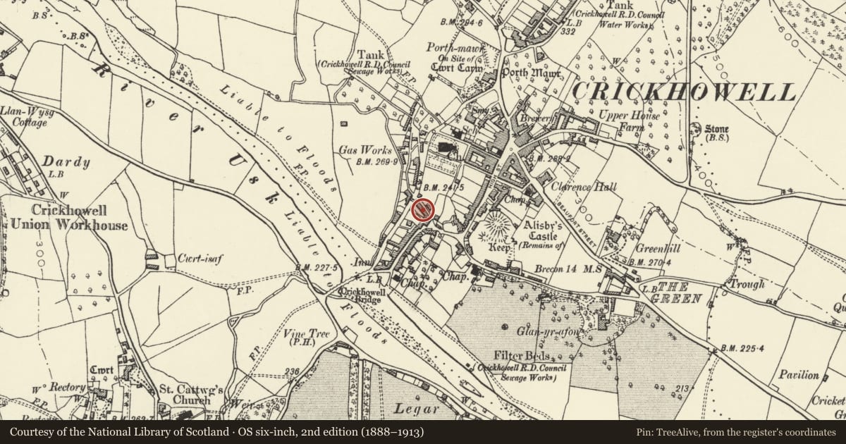 Ordnance Survey six-inch map, 2nd edition (1888–1913) covering the location of 4 Lamb Lane, Crickhowell, Powys, with a pin at the register's coordinates