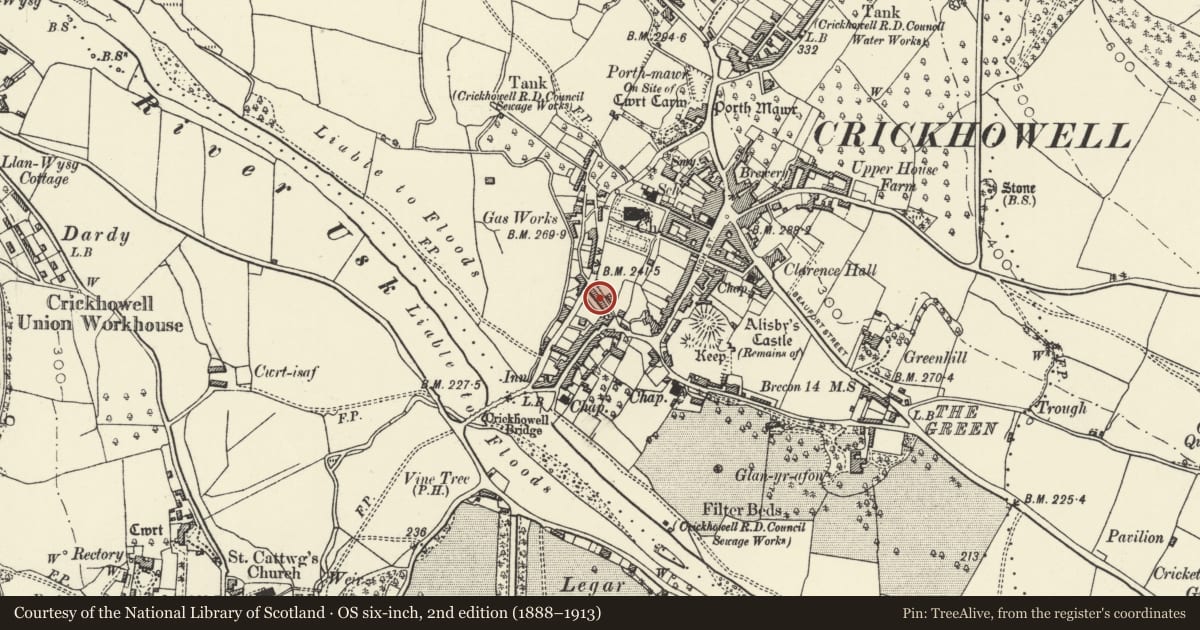 Ordnance Survey six-inch map, 2nd edition (1888–1913) covering the location of 5 Lamb Lane, Crickhowell, Powys, with a pin at the register's coordinates