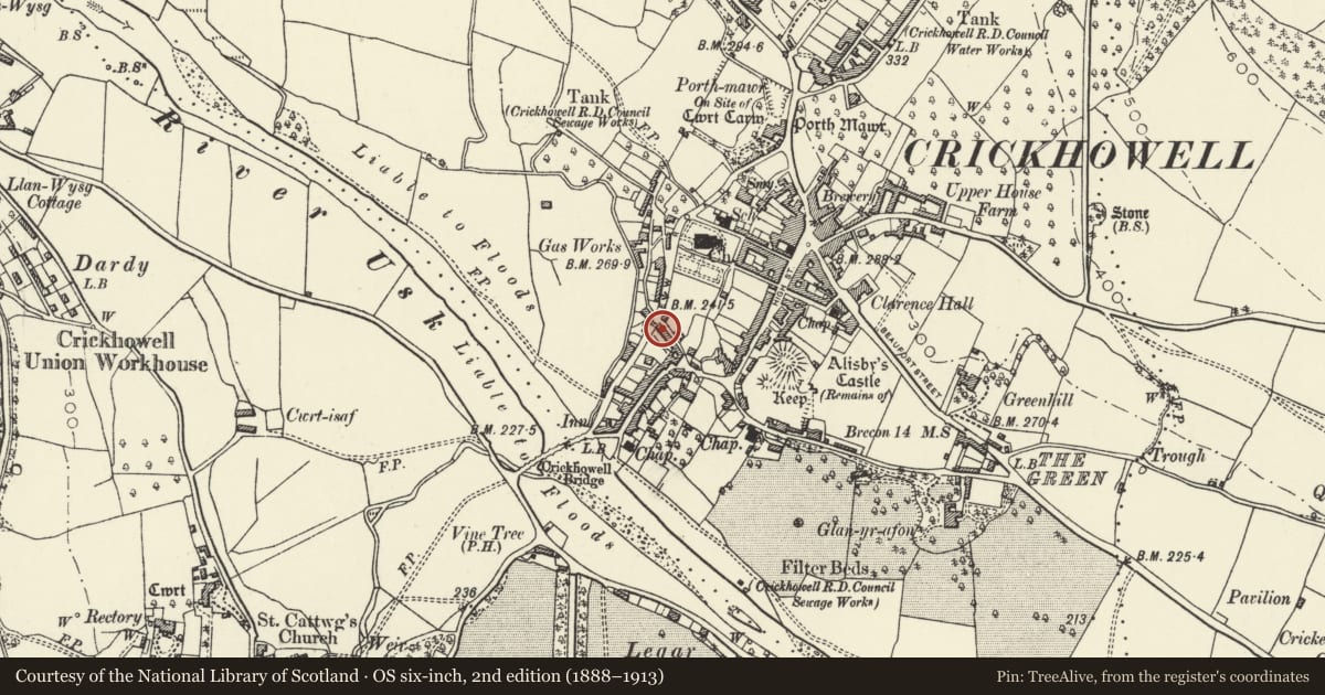 Ordnance Survey six-inch map, 2nd edition (1888–1913) covering the location of 7 Lamb Lane, Crickhowell, Powys, with a pin at the register's coordinates
