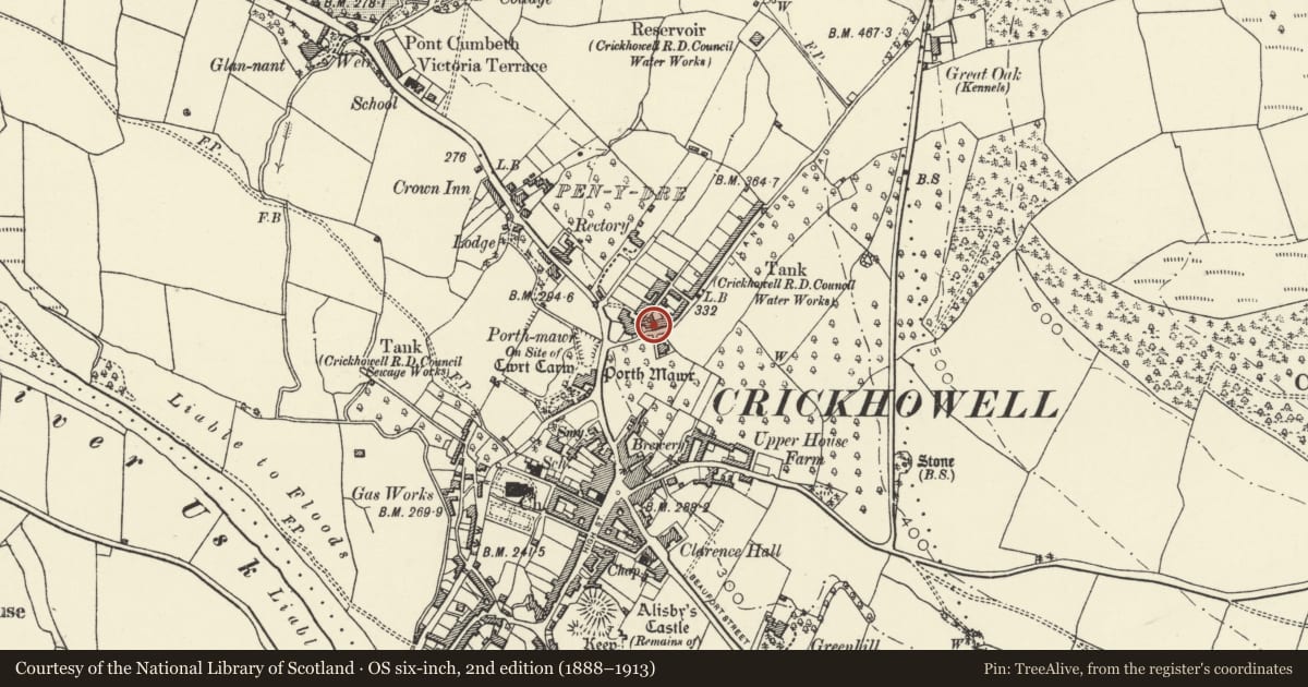 Ordnance Survey six-inch map, 2nd edition (1888–1913) covering the location of 1 Llanbedr Road, Crickhowell, Powys, with a pin at the register's coordinates