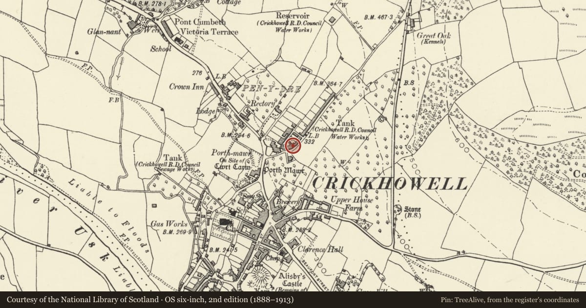 Ordnance Survey six-inch map, 2nd edition (1888–1913) covering the location of 4 Llanbedr Road, Crickhowell, Powys, with a pin at the register's coordinates