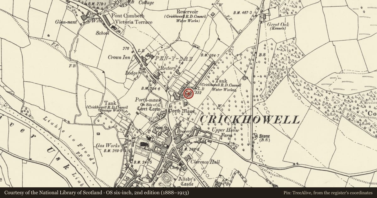 Ordnance Survey six-inch map, 2nd edition (1888–1913) covering the location of 5 Llanbedr Road, Crickhowell, Powys, with a pin at the register's coordinates