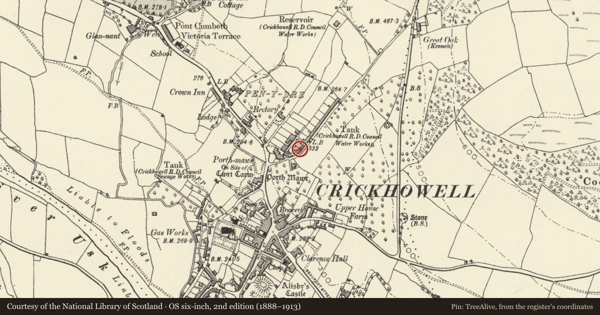 Ordnance Survey six-inch map, 2nd edition (1888–1913) covering the location of 6 Llanbedr Road, Crickhowell, Powys, with a pin at the register's coordinates