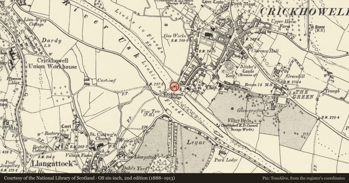 Ordnance Survey six-inch map, 2nd edition (1888–1913) covering the location of Crickhowell Bridge, Powys, with a pin at the register's coordinates