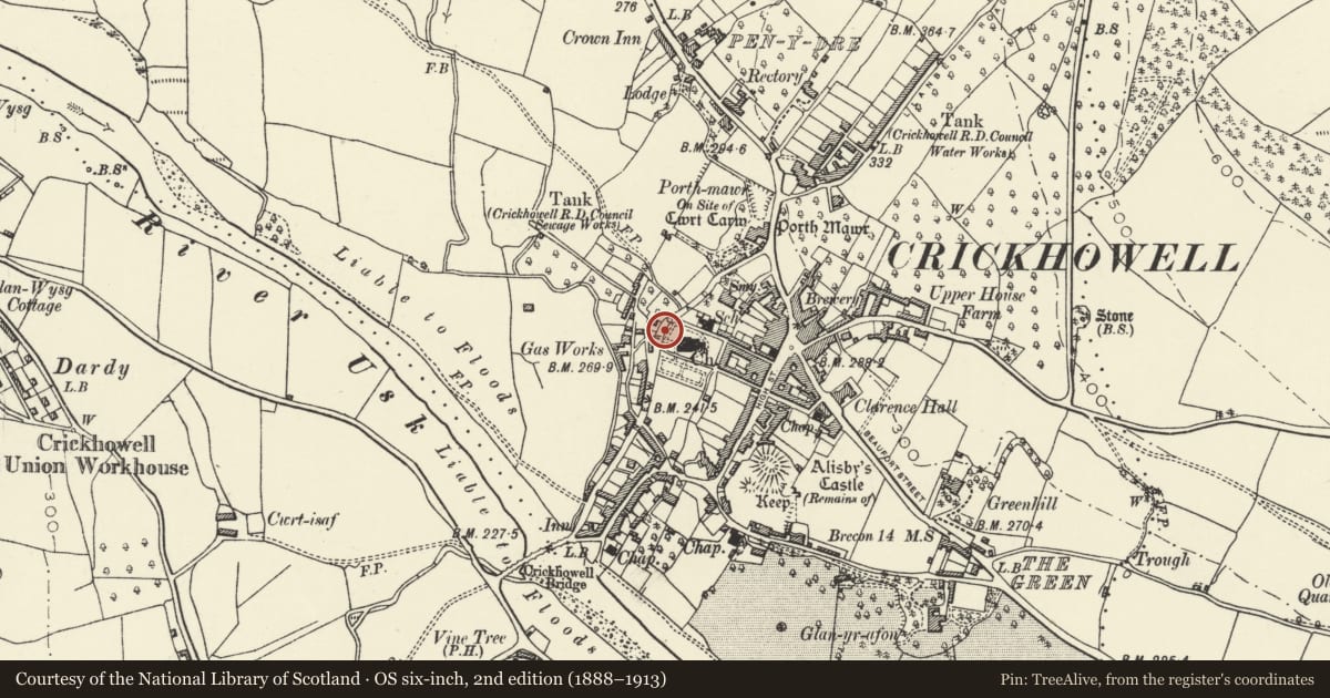 Ordnance Survey six-inch map, 2nd edition (1888–1913) covering the location of Churchyard boundary wall running from Gwyn Yr Afon to the entrance into the later Churchyard, Crickhowell, Powys, with a pin at the register's coordinates