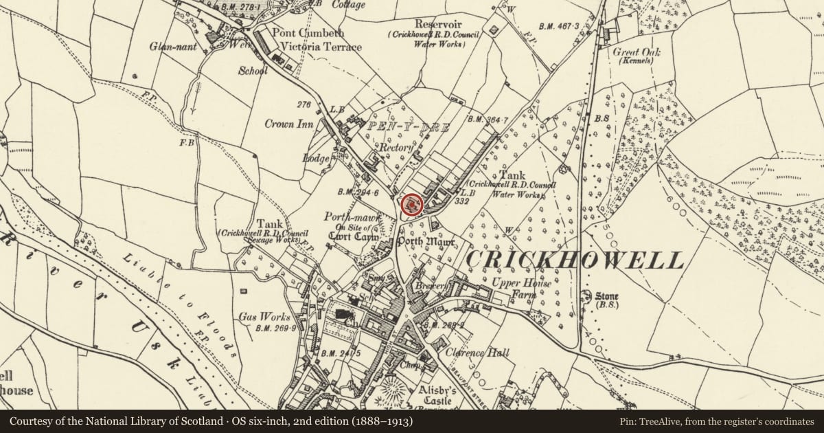 Ordnance Survey six-inch map, 2nd edition (1888–1913) covering the location of Ashfield, Crickhowell, Powys, with a pin at the register's coordinates