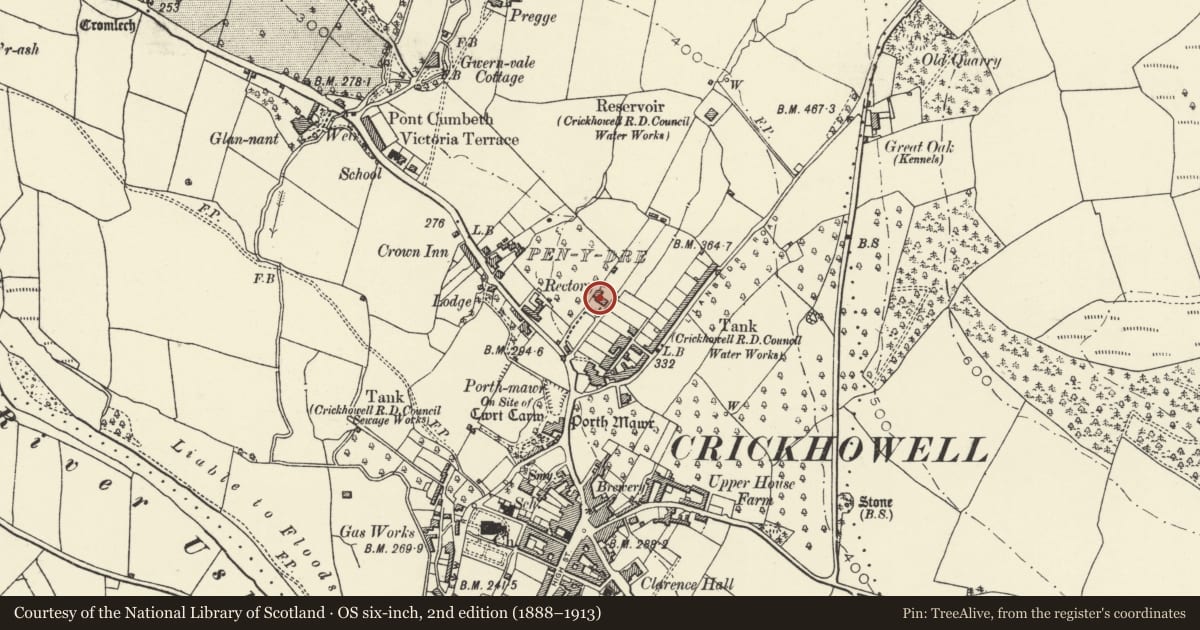 Ordnance Survey six-inch map, 2nd edition (1888–1913) covering the location of St David's Rectory, Crickhowell, Powys, with a pin at the register's coordinates