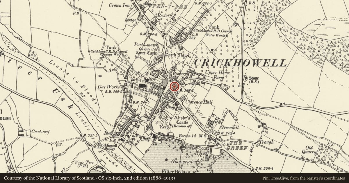 Ordnance Survey six-inch map, 2nd edition (1888–1913) covering the location of F.P.Harris, Crickhowell, Powys, with a pin at the register's coordinates