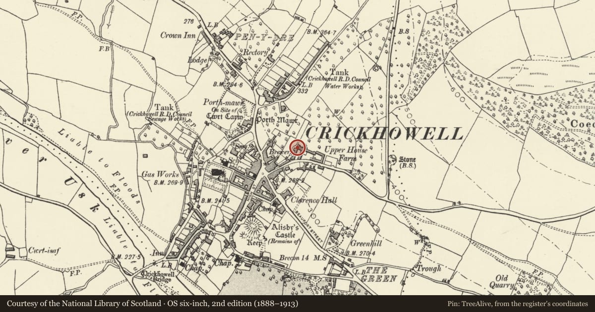 Ordnance Survey six-inch map, 2nd edition (1888–1913) covering the location of The Malt House, Crickhowell, Powys, with a pin at the register's coordinates