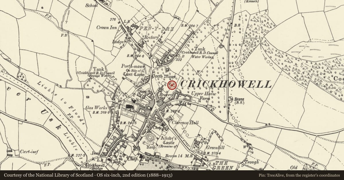 Ordnance Survey six-inch map, 2nd edition (1888–1913) covering the location of Gazebo at The Malthouse, Crickhowell, Powys, with a pin at the register's coordinates