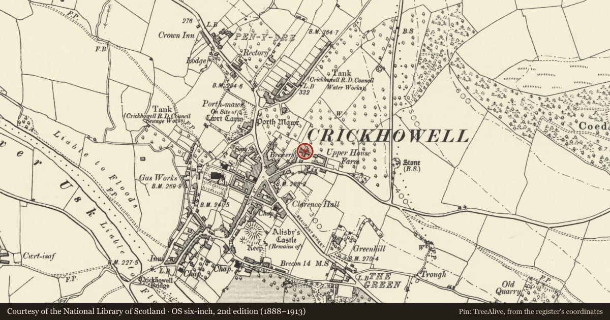 Ordnance Survey six-inch map, 2nd edition (1888–1913) covering the location of Upper House, Crickhowell, Powys, with a pin at the register's coordinates