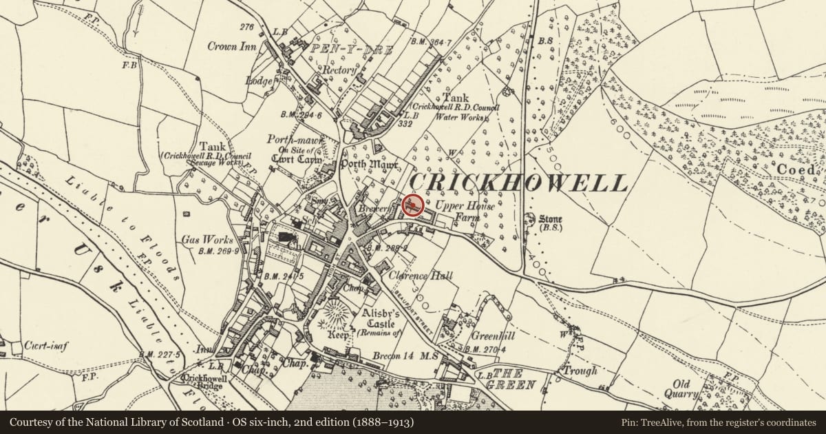 Ordnance Survey six-inch map, 2nd edition (1888–1913) covering the location of Pigsty at Upper House Farm, Crickhowell, Powys, with a pin at the register's coordinates
