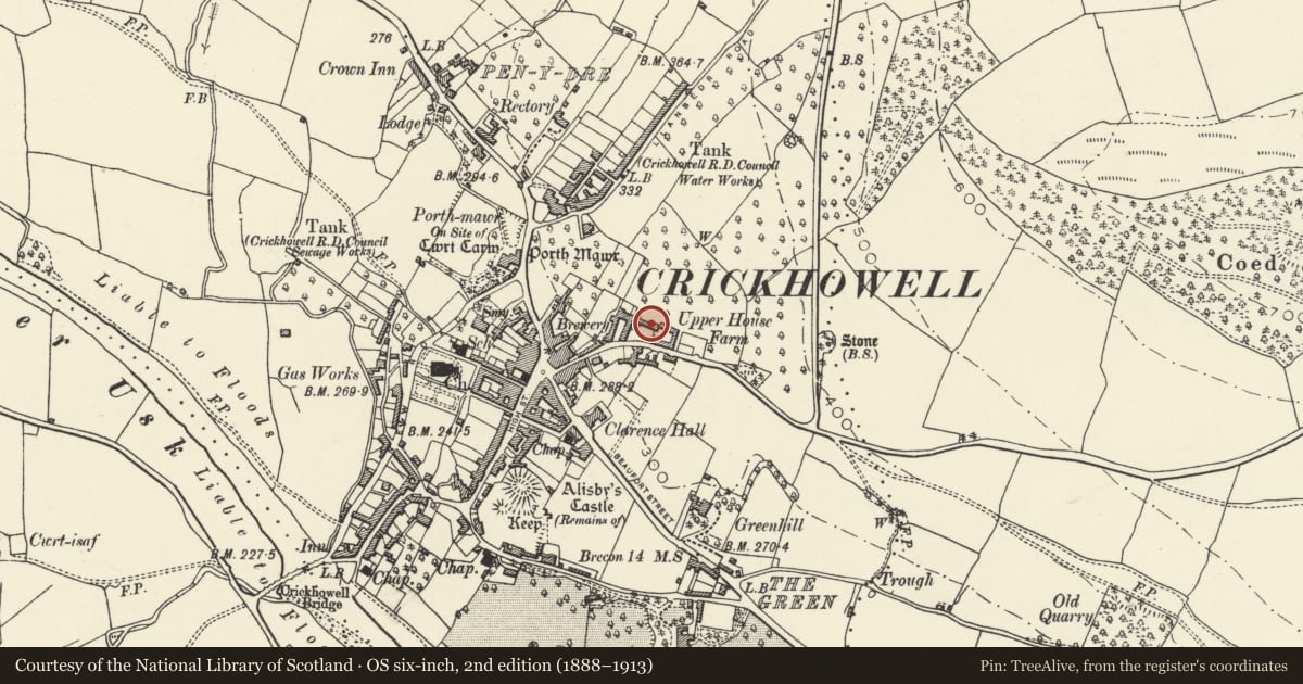 Ordnance Survey six-inch map, 2nd edition (1888–1913) covering the location of Granary at Upper House Farm, Crickhowell, Powys, with a pin at the register's coordinates