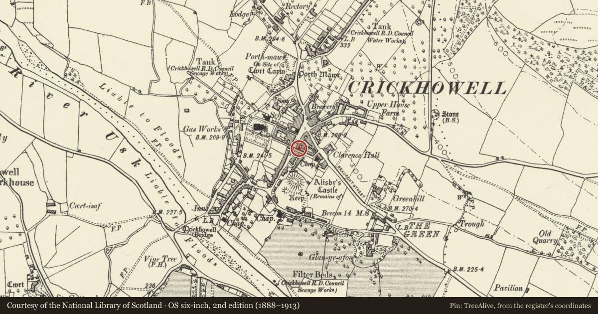 Ordnance Survey six-inch map, 2nd edition (1888–1913) covering the location of No.1 & The Tower front of No.49 High Street, Crickhowell, Powys, with a pin at the register's coordinates