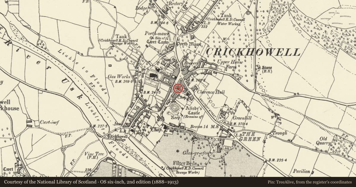 Ordnance Survey six-inch map, 2nd edition (1888–1913) covering the location of 2 Tower Street, Crickhowell, Powys, with a pin at the register's coordinates