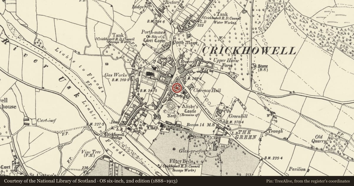 Ordnance Survey six-inch map, 2nd edition (1888–1913) covering the location of 4 Tower Street, Crickhowell, Powys, with a pin at the register's coordinates