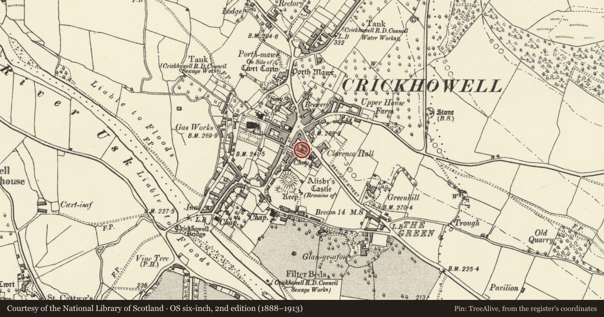 Ordnance Survey six-inch map, 2nd edition (1888–1913) covering the location of 5 Tower Street, Crickhowell, Powys, with a pin at the register's coordinates
