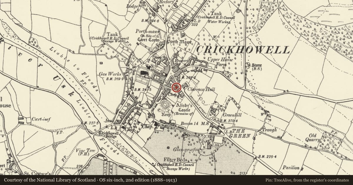 Ordnance Survey six-inch map, 2nd edition (1888–1913) covering the location of 8 Tower Street, Crickhowell, Powys, with a pin at the register's coordinates