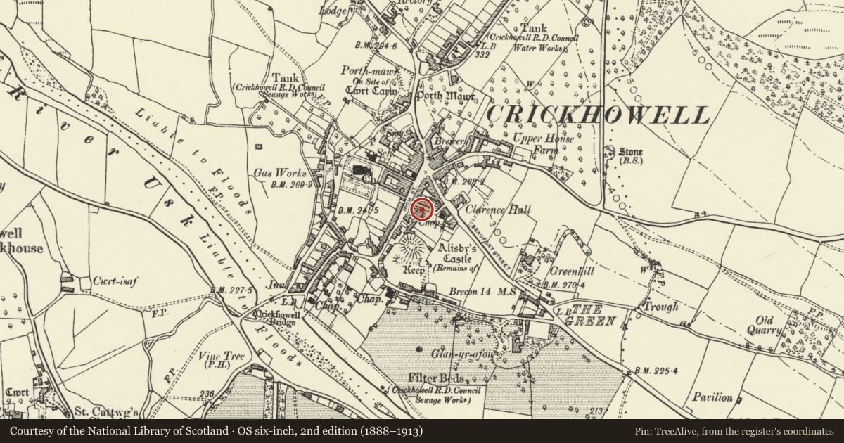 Ordnance Survey six-inch map, 2nd edition (1888–1913) covering the location of The Ivy Tower, Crickhowell, Powys, with a pin at the register's coordinates