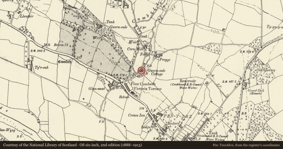 Ordnance Survey six-inch map, 2nd edition (1888–1913) covering the location of Gwernvale Cottage, Crickhowell, Powys, with a pin at the register's coordinates