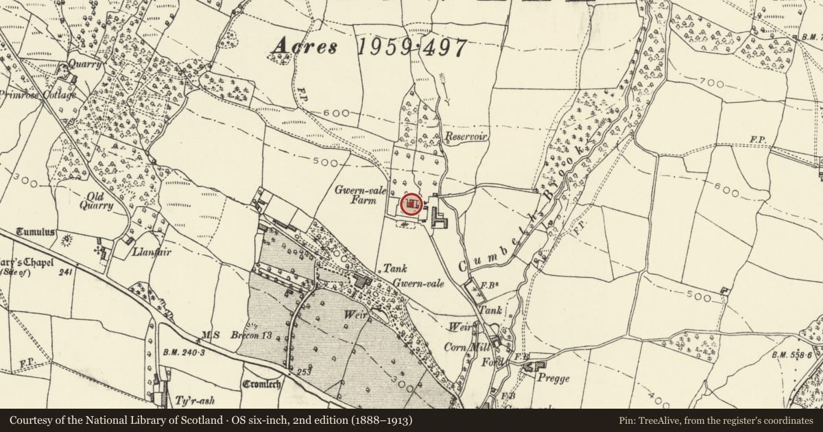 Ordnance Survey six-inch map, 2nd edition (1888–1913) covering the location of Gwernvale Farmhouse, Crickhowell, Powys, with a pin at the register's coordinates