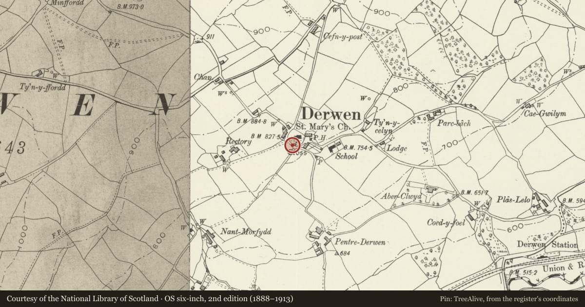 Ordnance Survey six-inch map, 2nd edition (1888–1913) covering the location of Church House, Derwen, Denbighshire, with a pin at the register's coordinates