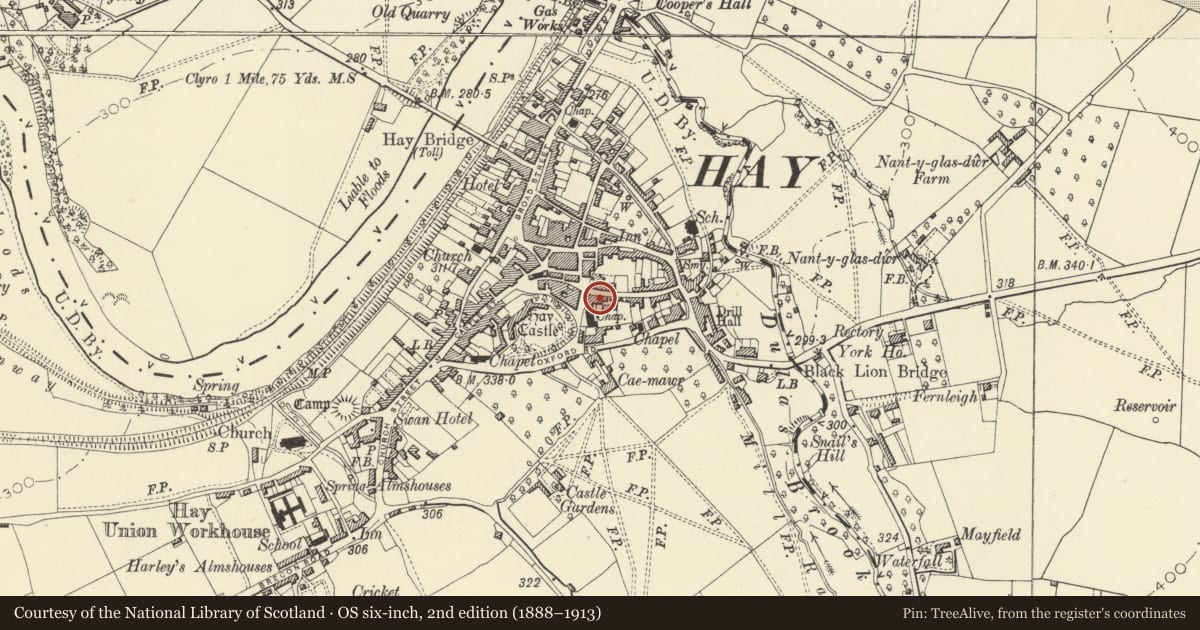 Ordnance Survey six-inch map, 2nd edition (1888–1913) covering the location of The Bear (Allot Abraham & Son), Hay, Powys, with a pin at the register's coordinates