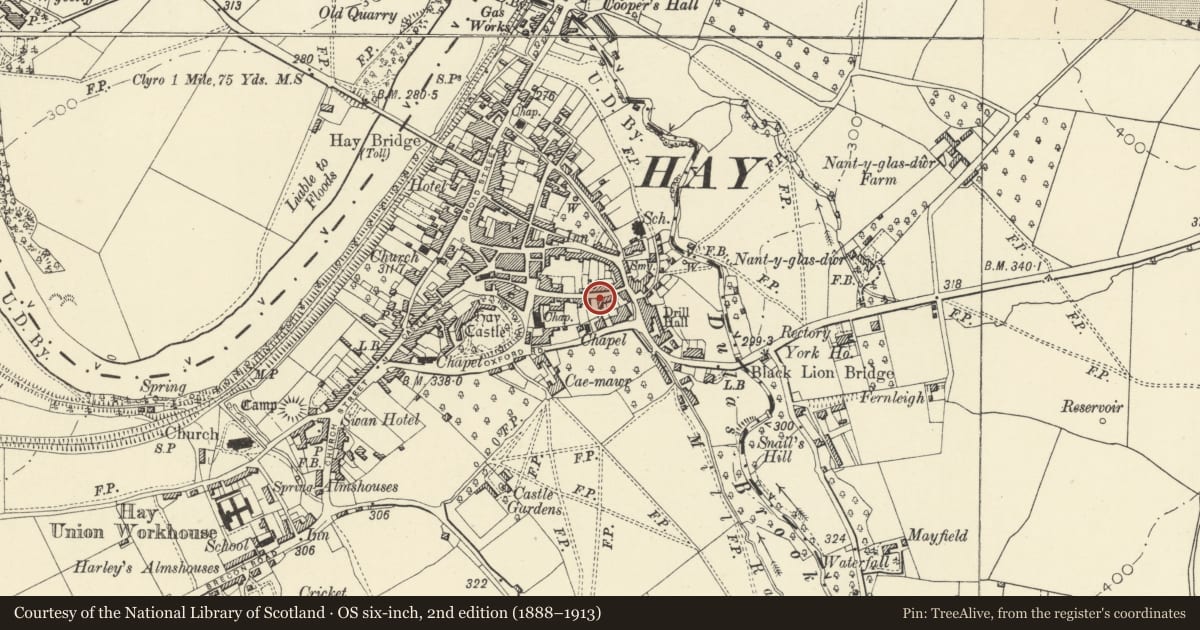 Ordnance Survey six-inch map, 2nd edition (1888–1913) covering the location of Thornton House, Hay, Powys, with a pin at the register's coordinates