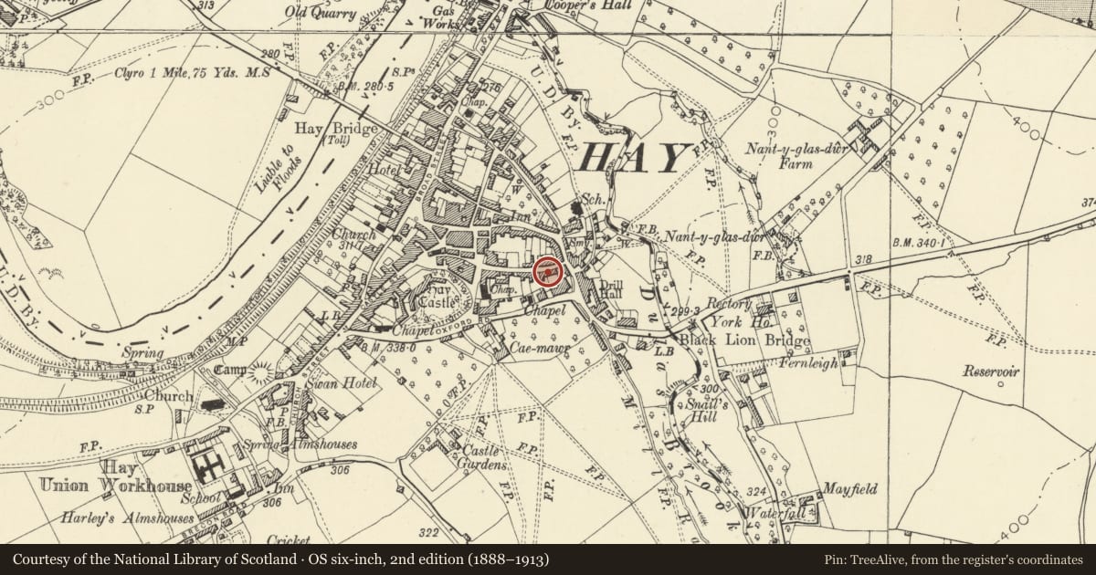 Ordnance Survey six-inch map, 2nd edition (1888–1913) covering the location of Hafodwen, Hay, Powys, with a pin at the register's coordinates