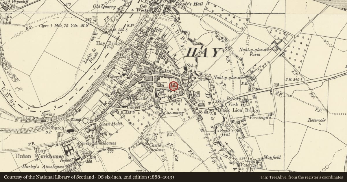 Ordnance Survey six-inch map, 2nd edition (1888–1913) covering the location of 19 Bear Street, Hay, Powys, with a pin at the register's coordinates