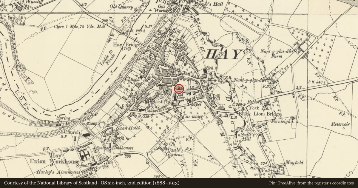 Ordnance Survey six-inch map, 2nd edition (1888–1913) covering the location of Pemberton Cottage, Hay, Powys, with a pin at the register's coordinates