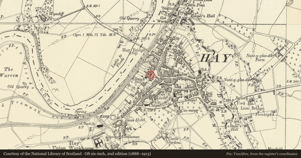 Ordnance Survey six-inch map, 2nd edition (1888–1913) covering the location of Clifton House, Hay, Powys, with a pin at the register's coordinates