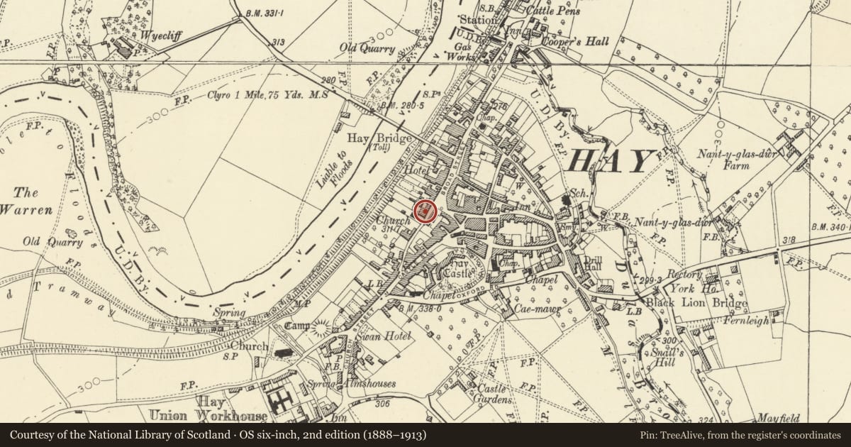 Ordnance Survey six-inch map, 2nd edition (1888–1913) covering the location of 2 Belmont Road, Hay, Powys, with a pin at the register's coordinates
