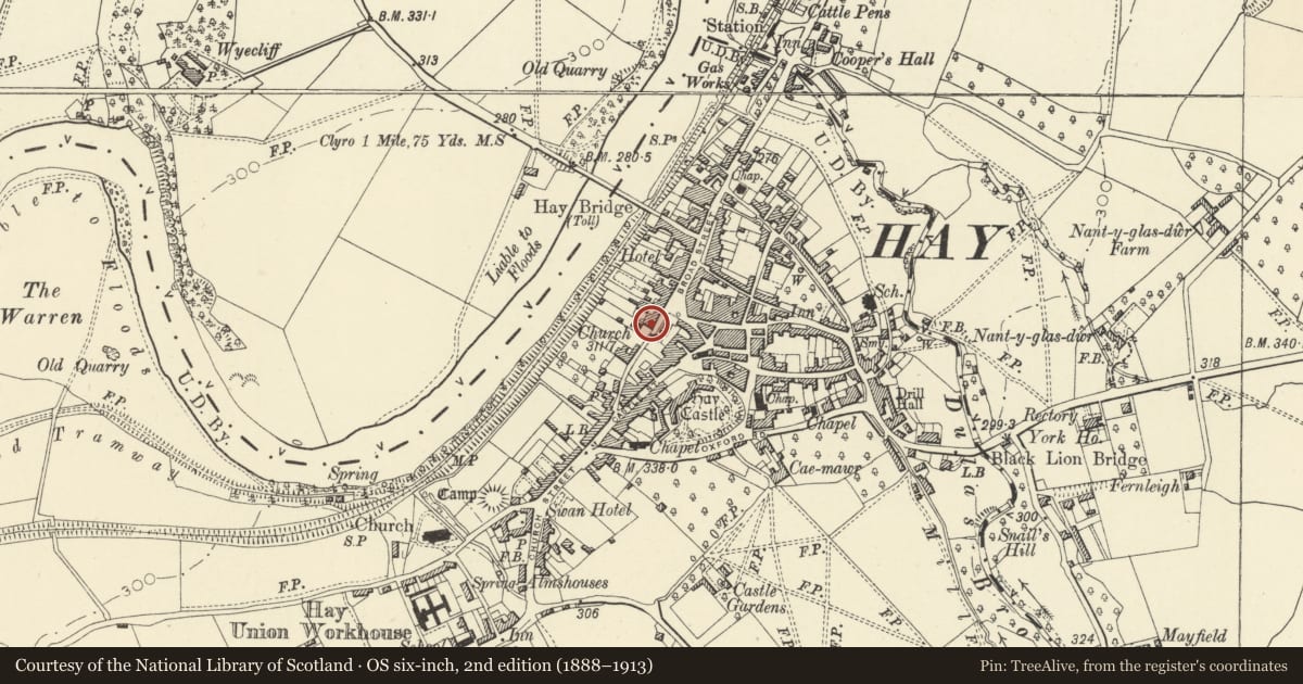 Ordnance Survey six-inch map, 2nd edition (1888–1913) covering the location of 3 Belmont Road, Hay, Powys, with a pin at the register's coordinates