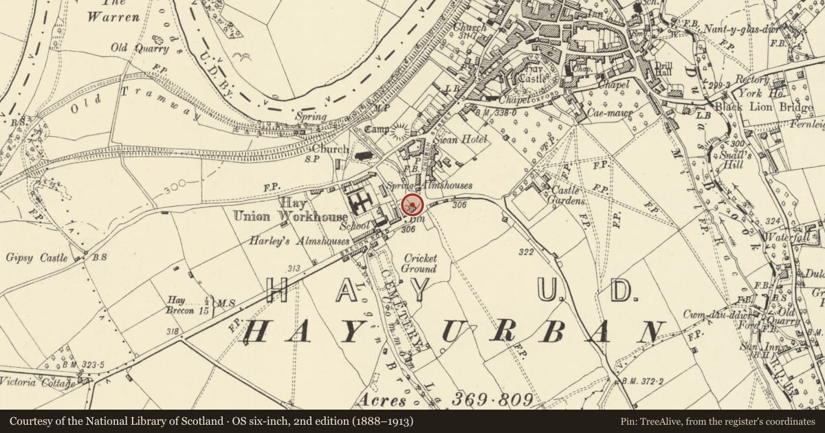 Ordnance Survey six-inch map, 2nd edition (1888–1913) covering the location of Ashbrook House, Hay, Powys, with a pin at the register's coordinates