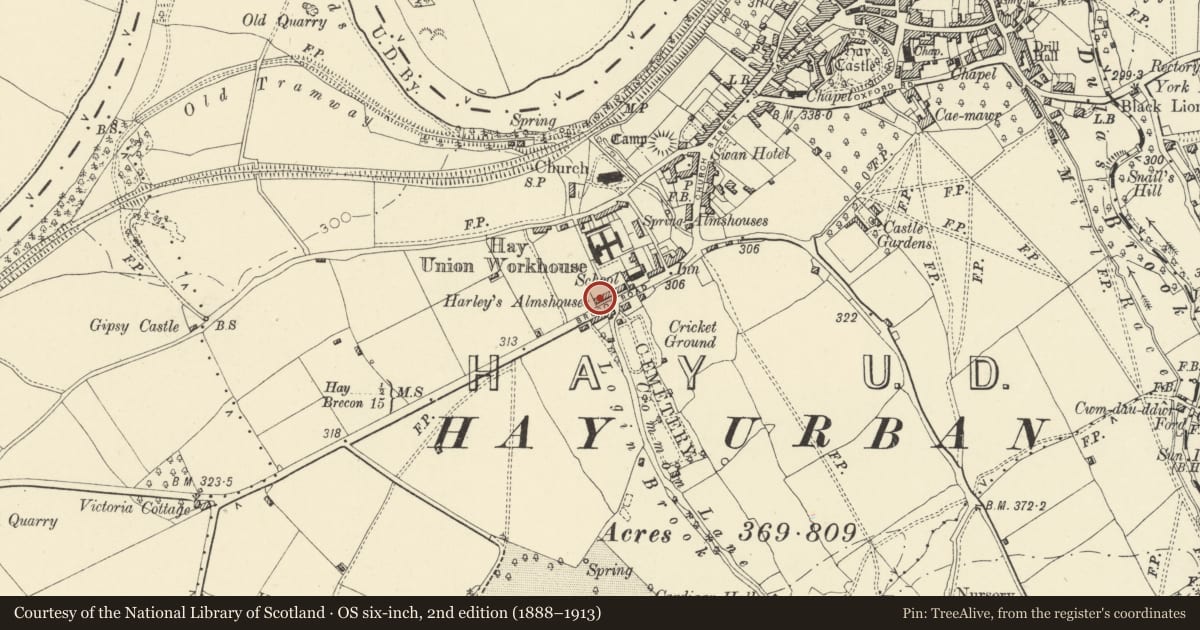Ordnance Survey six-inch map, 2nd edition (1888–1913) covering the location of Harley's Almhouses, Hay, Powys, with a pin at the register's coordinates
